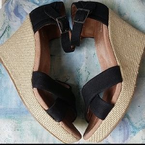 TOMS Strappy Black Canvas Wedge Sandals